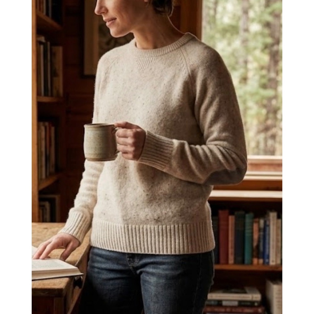 Vince Wool Cashmere Leather Elbow Patch Sweater Oatmeal Cream Flecked Womens L